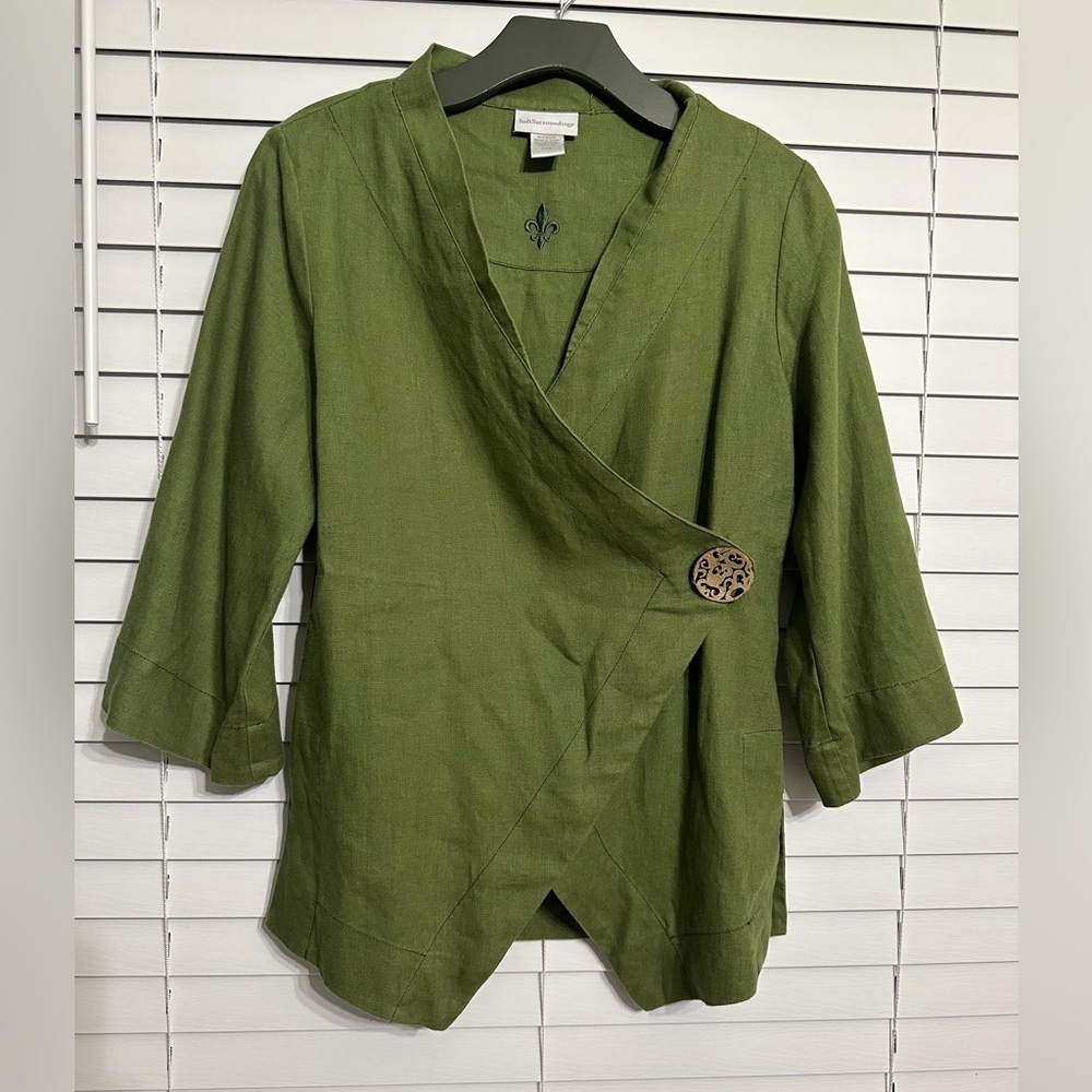 🛍️ Soft surroundings  100% Linen Stylish wrap jacket with 3/4 sleeve Size PXS